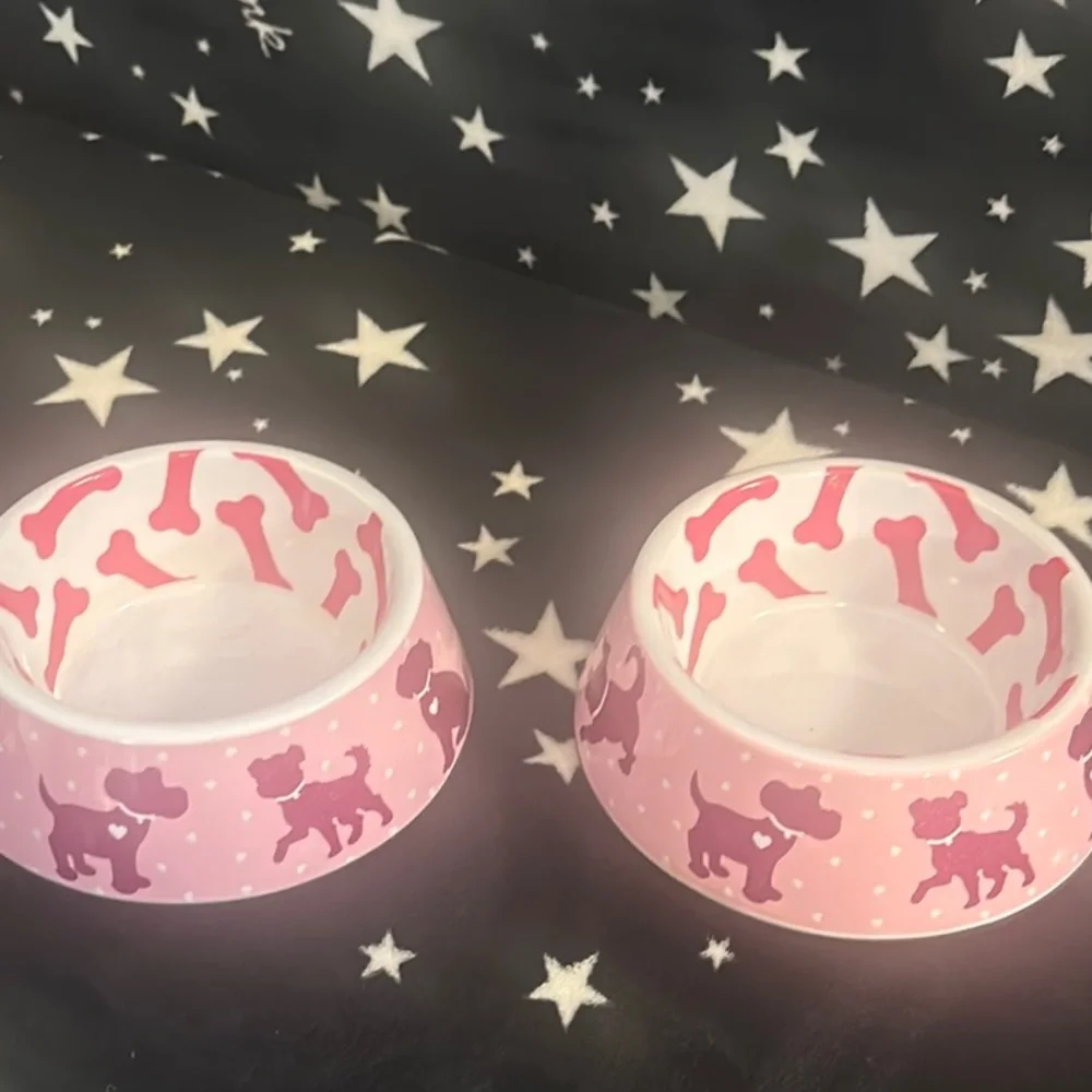 Pink Pet Bowls with Paw Print Design for Small Pets